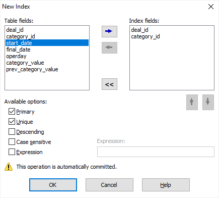 Creating a table index in Database Tour