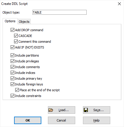 Creating DDL Script for Selected Objects