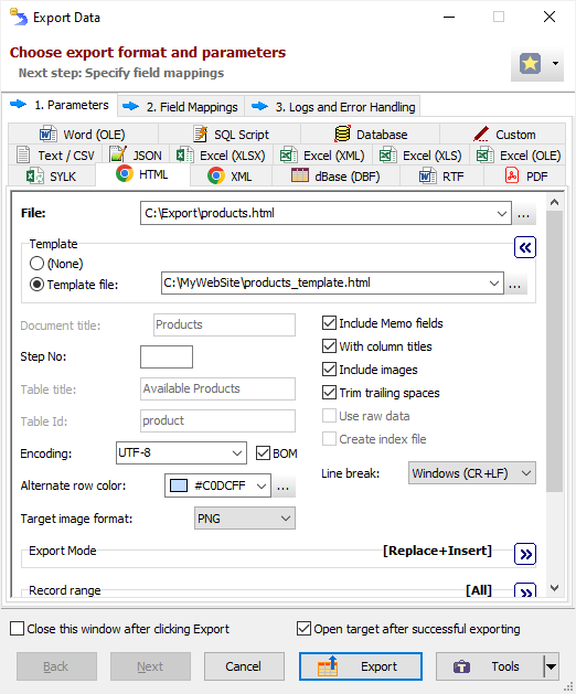 Export settings