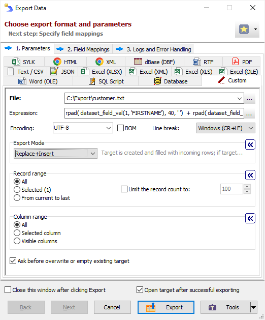 Exporting Data to Custom Format