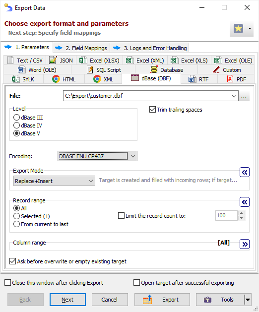 Exporting Data to dBase