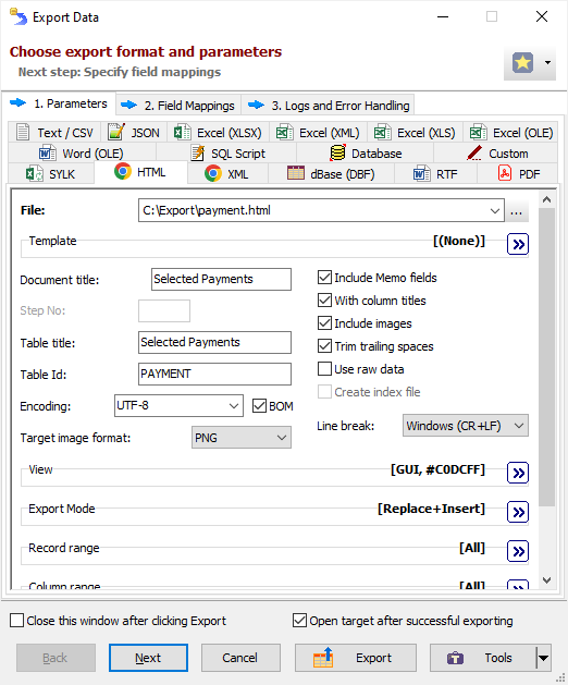 Exporting Data to HTML