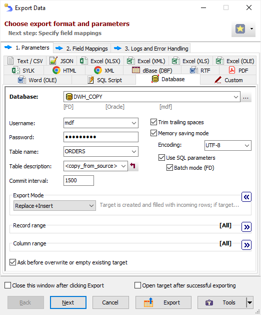 Exporting Data to Oracle Database