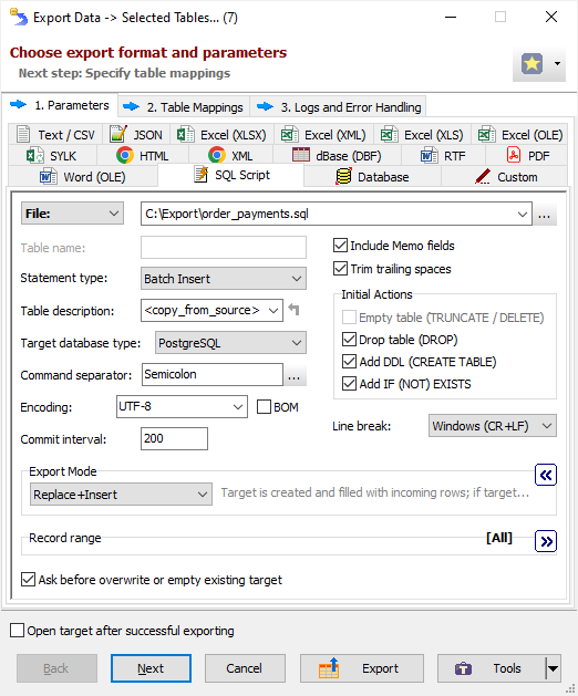 Exporting Data to SQL Script