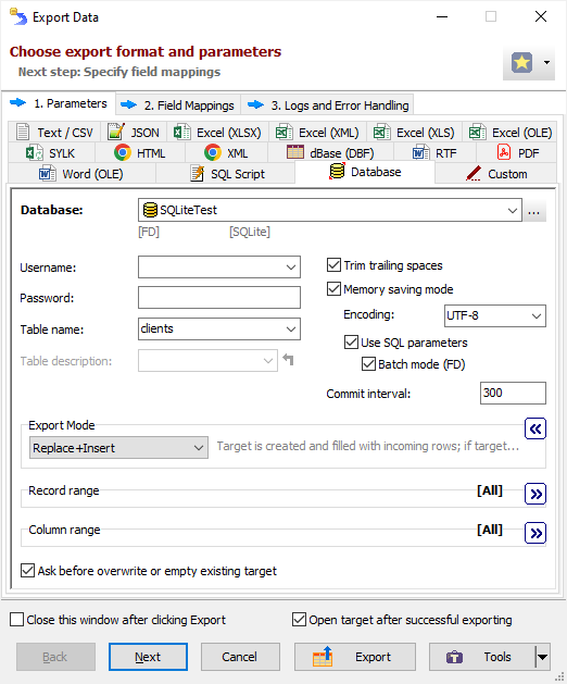 Exporting Data to SQLite