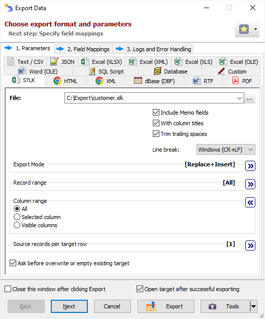 Exporting Data to SYLK