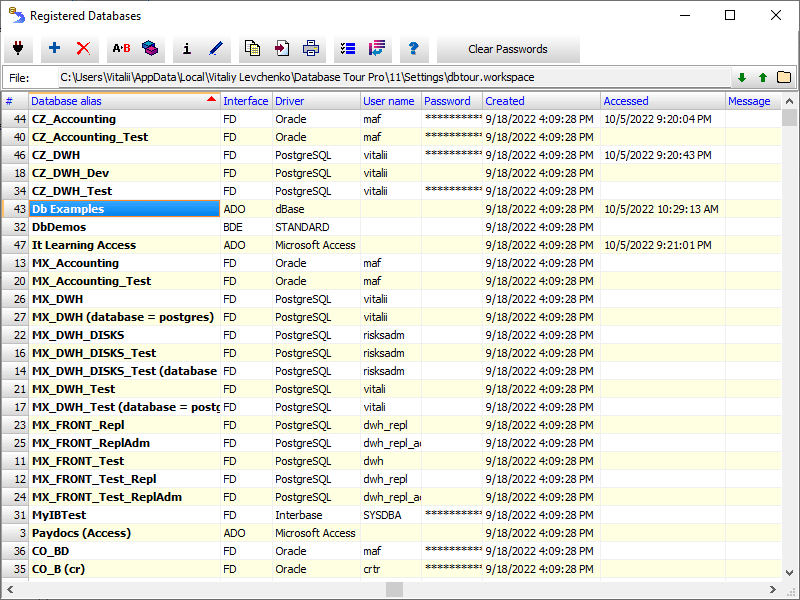Working with registered databases in Database Tour