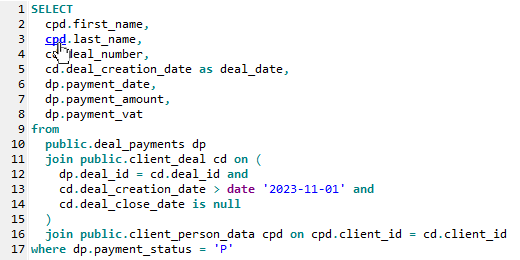 ГSQL editor table alias hyperlink