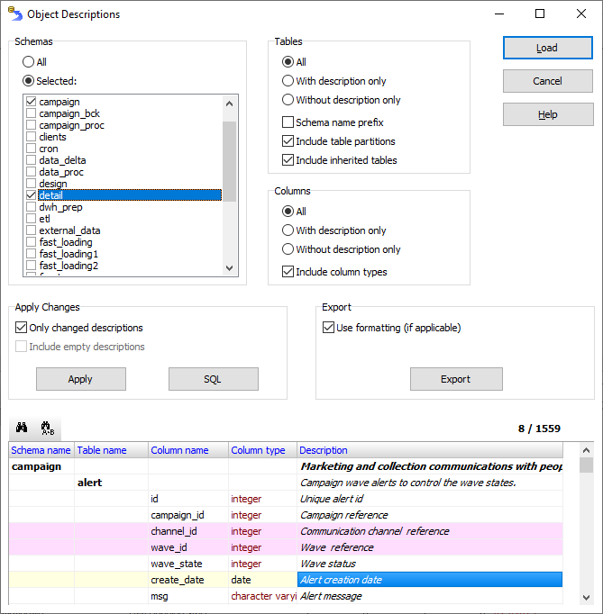 Editing table and column descriptions