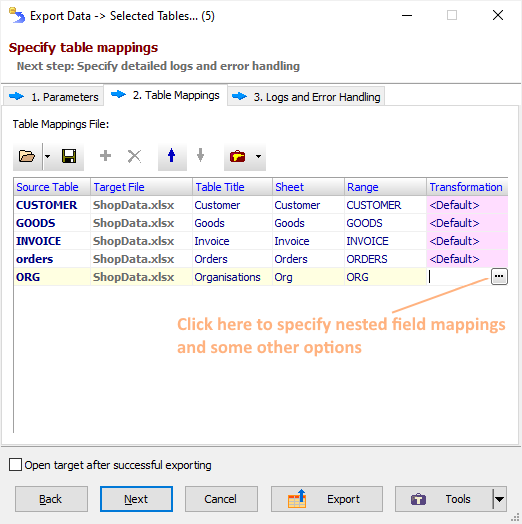 SQLite to Excel Table Mappings