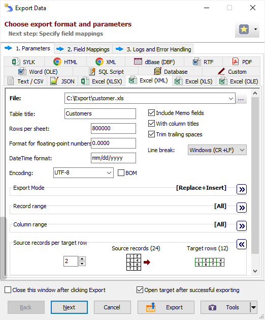 Експортування даних до формату Excel (на основі XML)