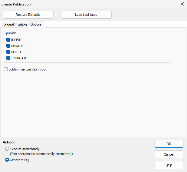 Creating a publication, choosing options