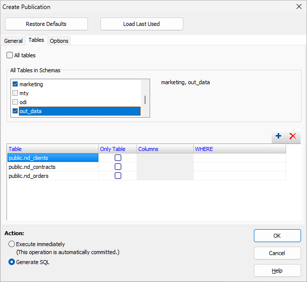 Creating a publication, selecting tables