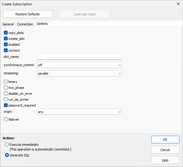 Creating a subscription, choosing options